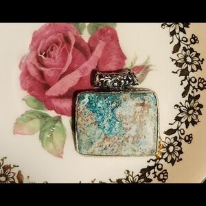 ~Huge, Natural, Square-Shaped Stone Pendant/Swirling White, Tan And Teal Colors~